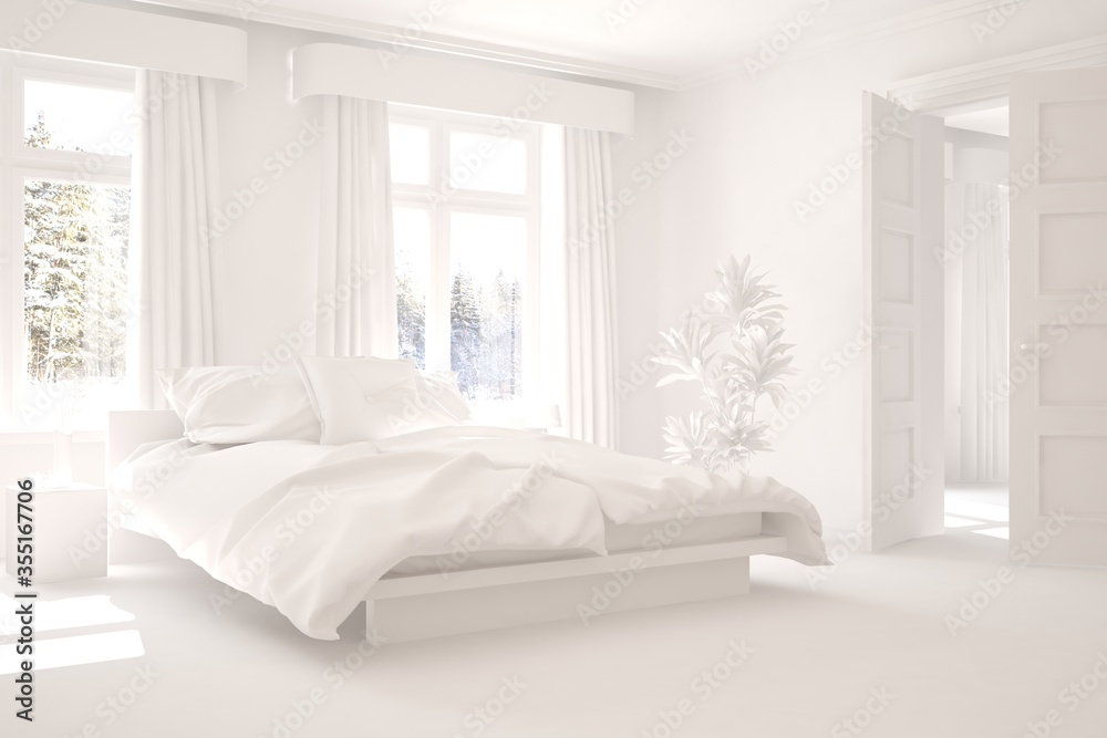 White stylish minimalist bedroom with winter landscape in window. Scandinavian interior design. 3D i