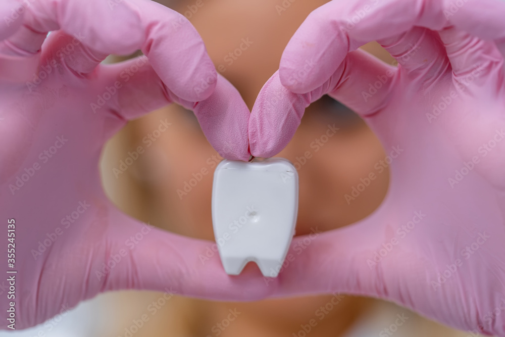 Dentist`s hand holding model of a tooth. Hands in pink gloves make a heartshape. Dental care concept