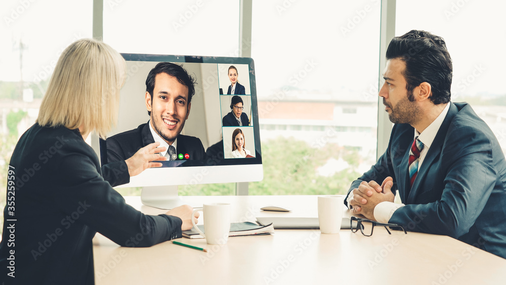 Video call group business people meeting on virtual workplace or remote office. Telework conference 