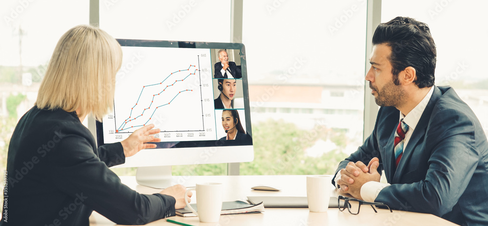 Video call group business people meeting on virtual workplace or remote office. Telework conference 