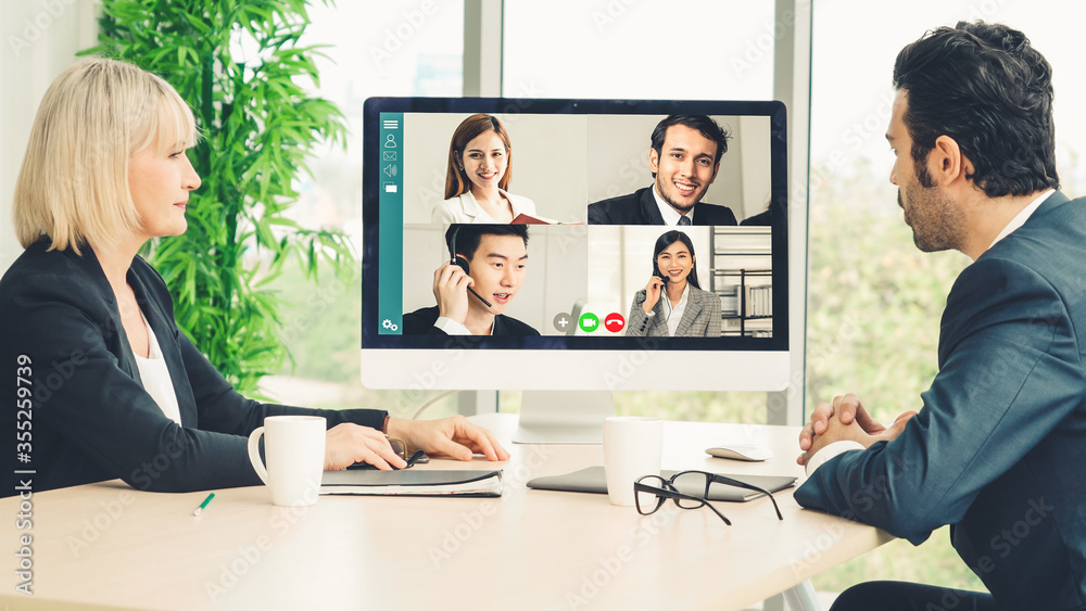 Video call group business people meeting on virtual workplace or remote office. Telework conference 