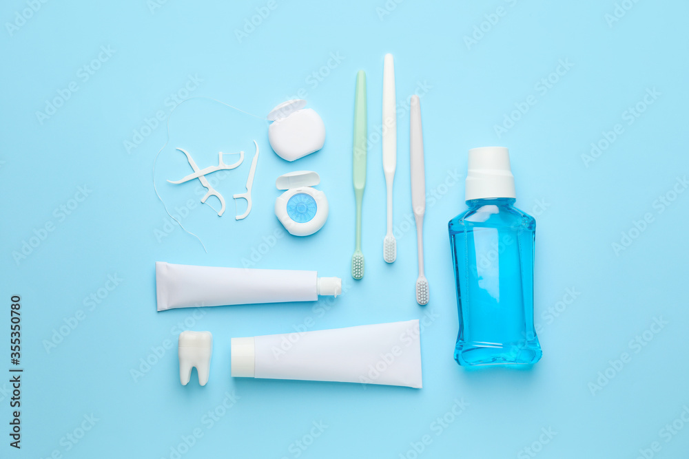 Set for oral hygiene on color background