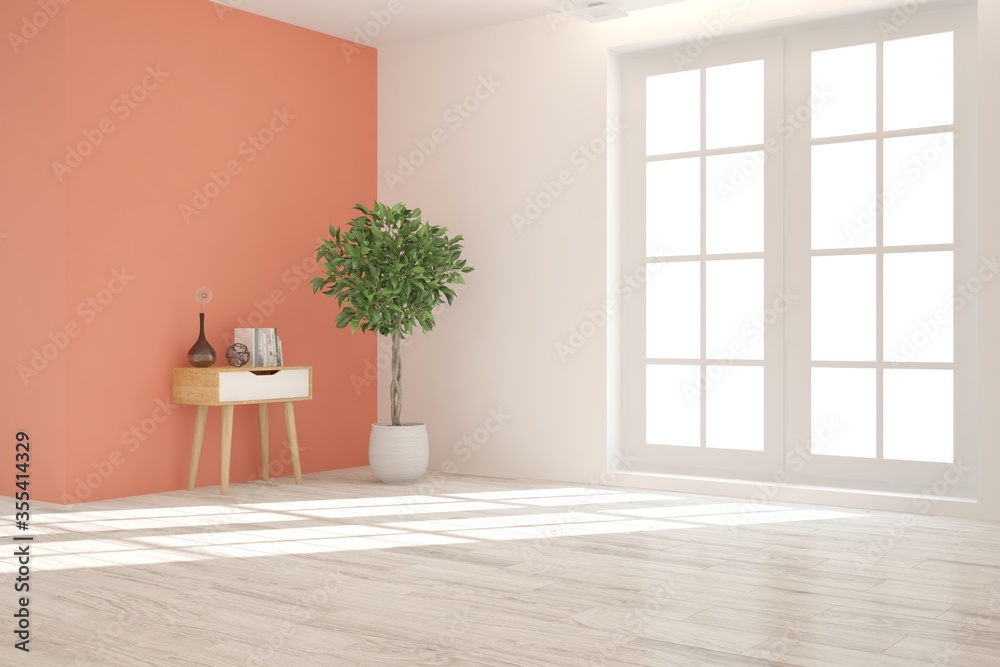 Coral minimalist empty room. Scandinavian interior design. 3D illustration