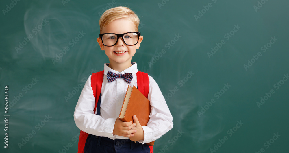 child   schoolboy    student smiles near  school blackboard 