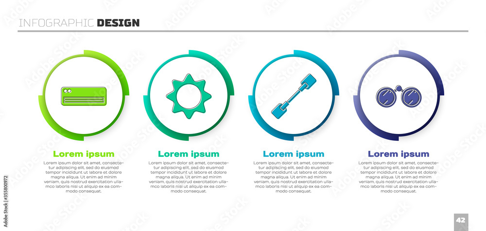 设置空调、太阳、桨板和双筒望远镜。商业信息图模板。矢量