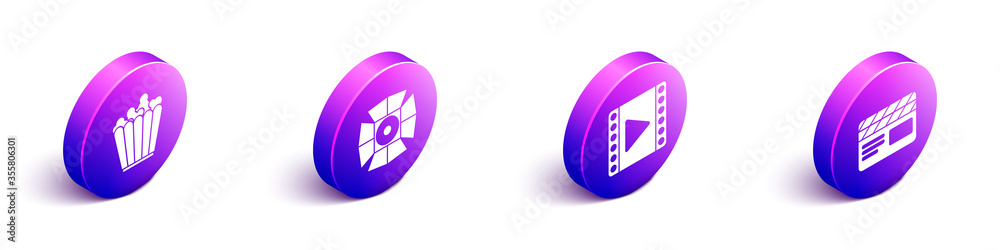 Set Isometric Popcorn in box, Movie spotlight, Play Video and Movie clapper icon. Vector