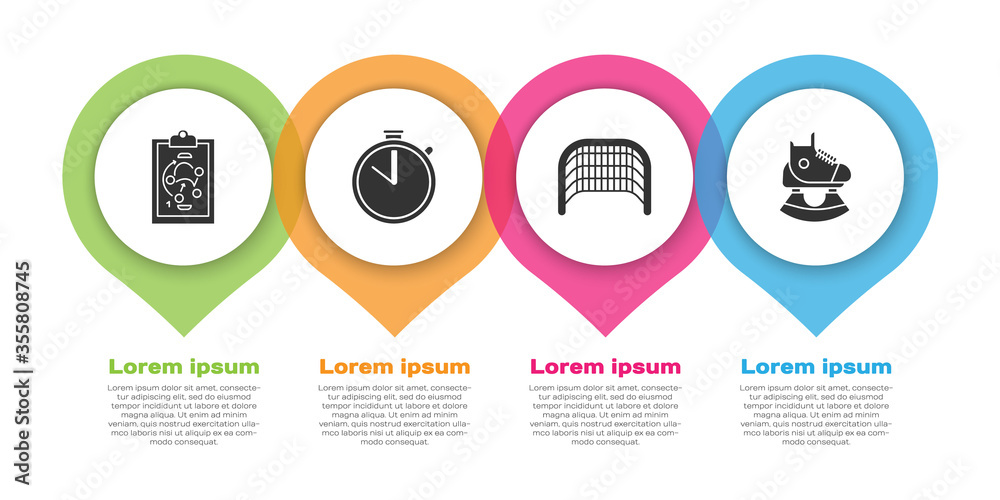 设定规划策略、秒表、冰球进球和滑板。商业信息图模板。矢量