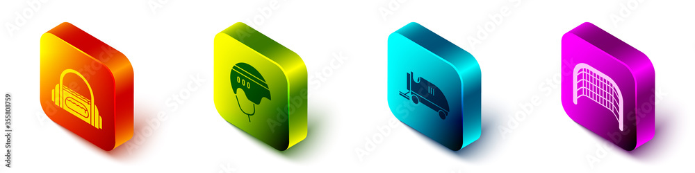 Set Isometric Sport bag, Hockey helmet, Ice resurfacer and Ice hockey goal icon. Vector