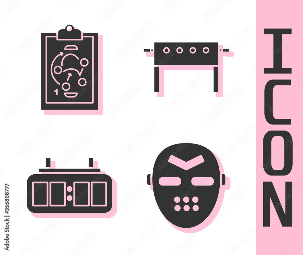 Set Hockey mask, Planning strategy, Hockey mechanical scoreboard and Hockey table icon. Vector