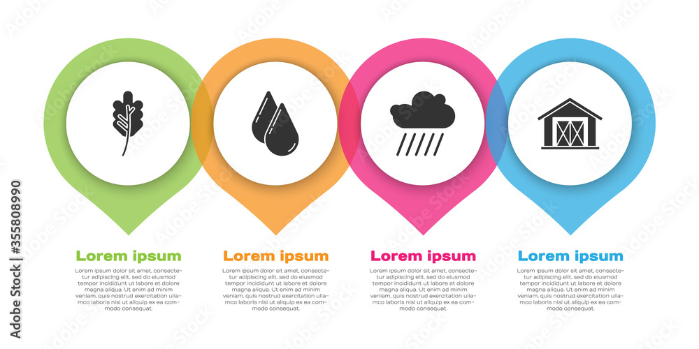 设置树叶、水滴、带雨的云和农舍。商业信息图模板。Vecto