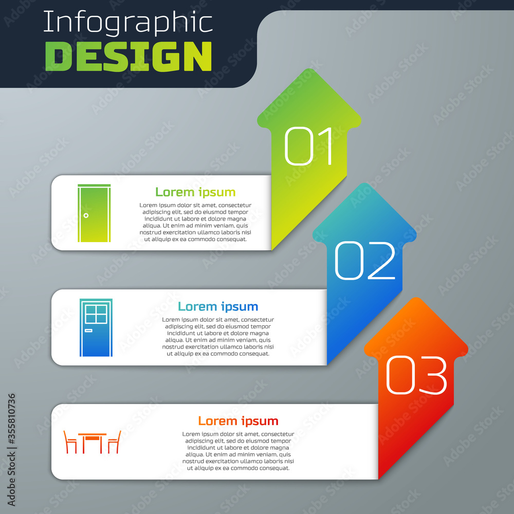 设置闭门、闭门和带椅子的木桌。商业信息图模板。矢量