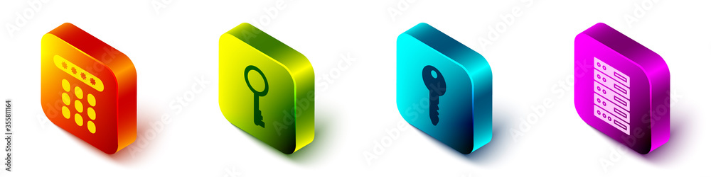 Set Isometric Password protection, Old key, Key and Server, Data, Web Hosting icon. Vector