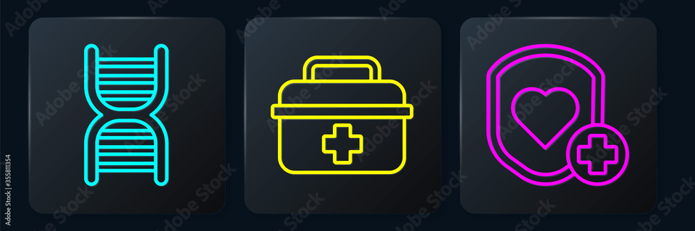 Set line DNA symbol, Shield and heart rate and First aid kit. Black square button. Vector