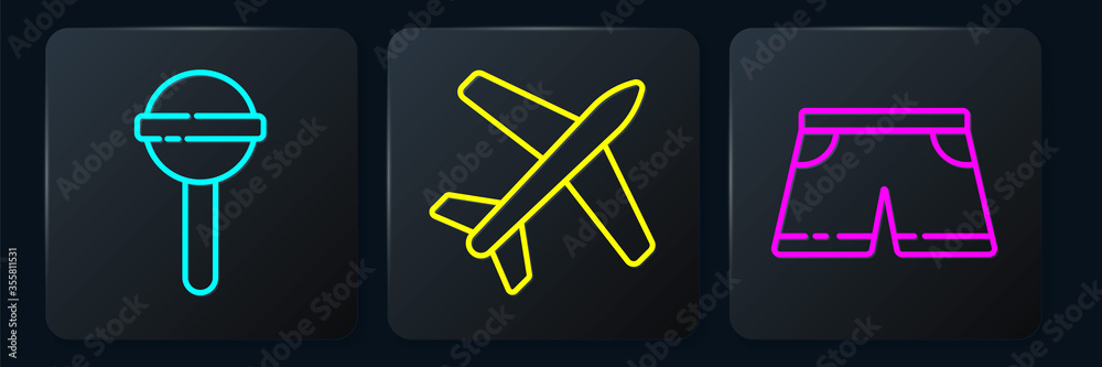 Set line Lollipop, Swimming trunks and Plane. Black square button. Vector