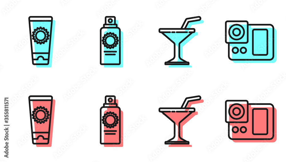 Set line Martini glass, Sunscreen cream in tube, Sunscreen spray bottle and Photo camera icon. Vecto