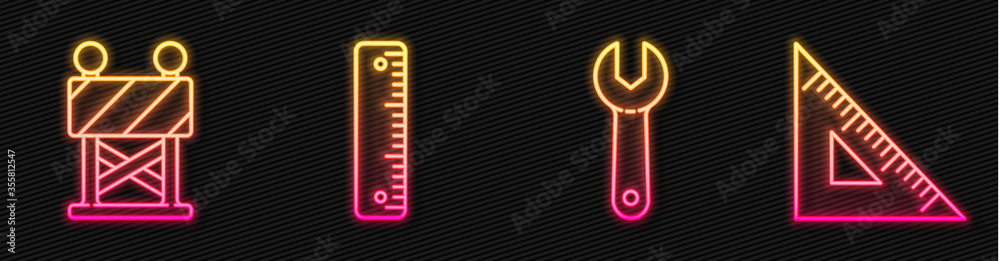 Set line Wrench spanner, Road barrier, Ruler and Triangular ruler. Glowing neon icon. Vector