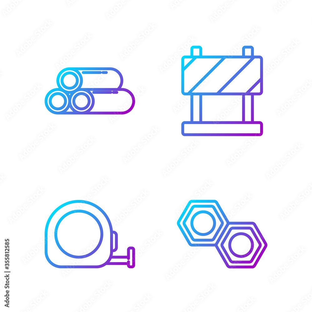 Set line Hexagonal metal nut, Roulette construction, Industry metallic pipe and Road barrier. Gradie