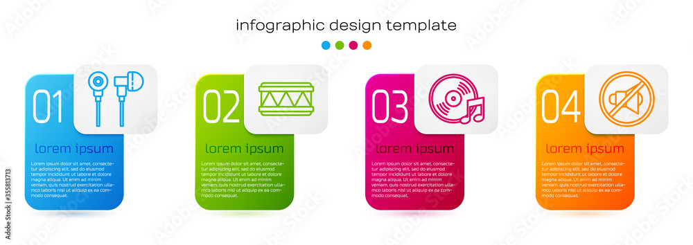 Set line Air耳机、鼓、乙烯基唱片和扬声器静音。商业信息图模板。Vector