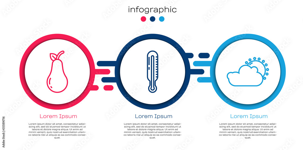 设置线梨，气象温度计和太阳和云天气。商业信息图模板。Vec