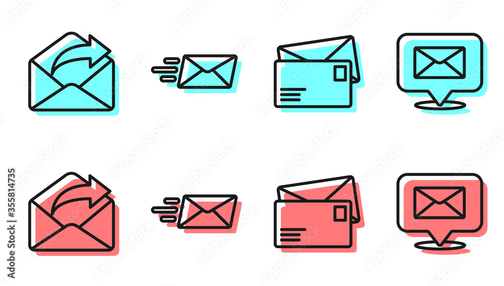 Set line Envelope, Outgoing mail, Express envelope and Speech bubble with envelope icon. Vector