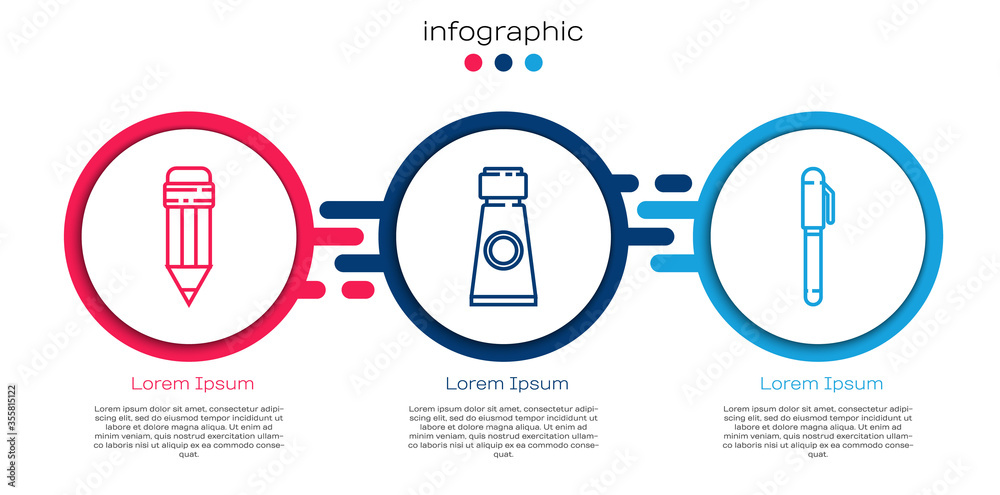 Set line Pencil with eraser, Tube with paint palette and Pen. Business infographic template. Vector