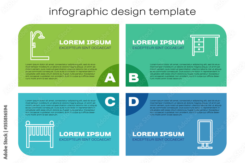 套装婴儿床摇篮床、淋浴器、大镜子和办公桌。商业信息图