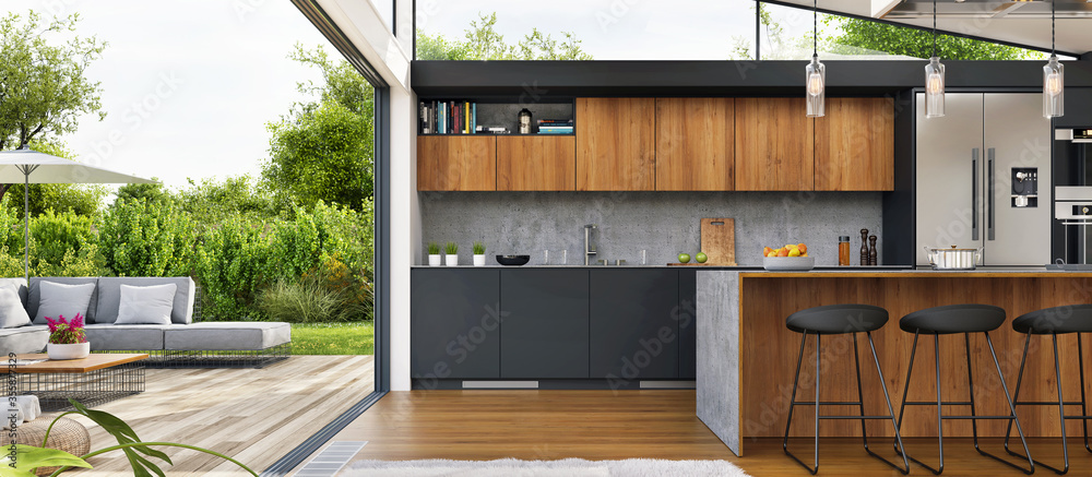 Interior design of a kitchen in a modern house with an open terrace