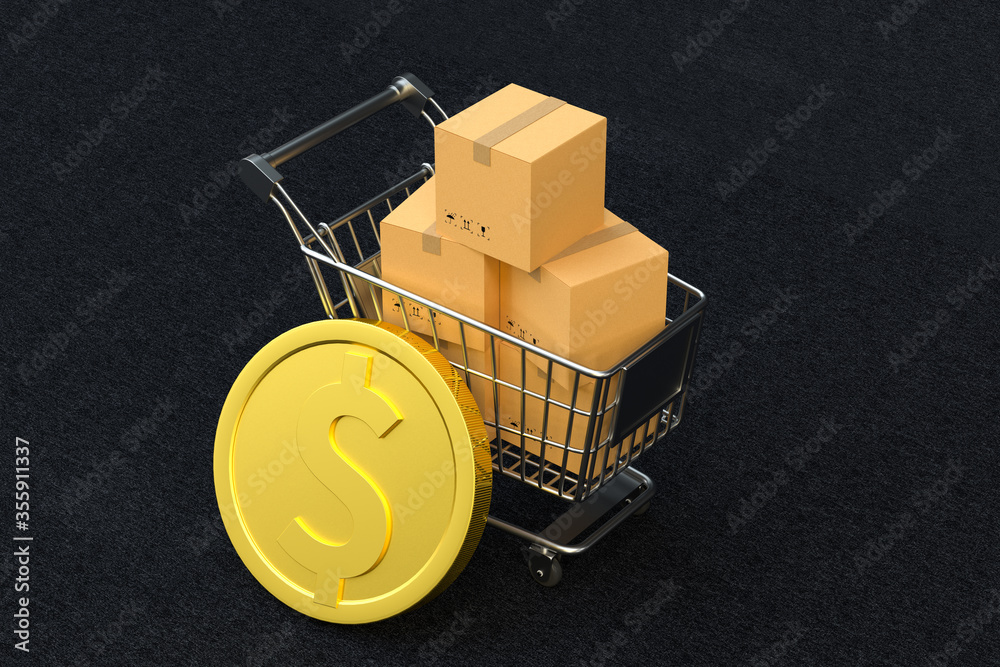 Shopping cart and golden coin, 3d rendering.