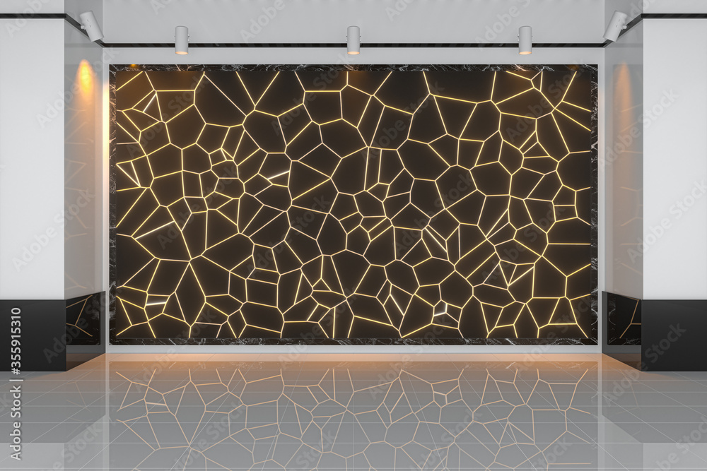 Golden crack wall in the large showroom, 3d rendering.