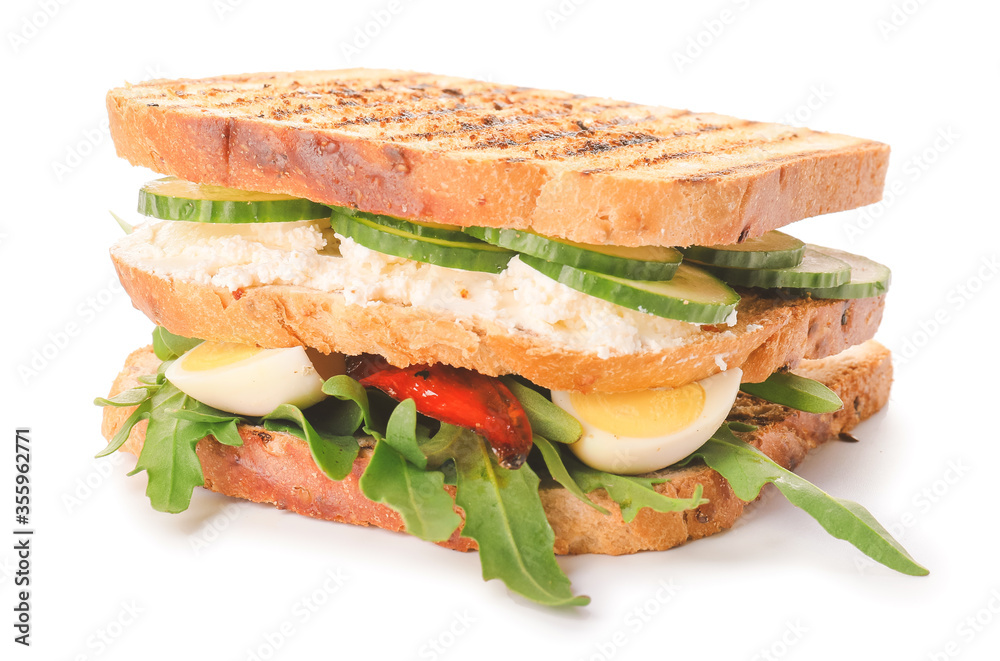 Tasty cucumber sandwich on white background