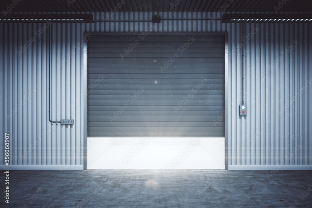 Minimalistic warehouse interior with rolling gates