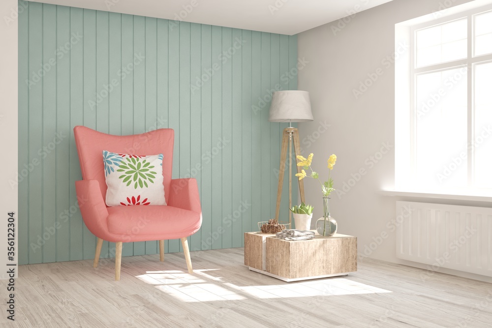 Blue stylish minimalist room with coral sofa. Scandinavian interior design. 3D illustration