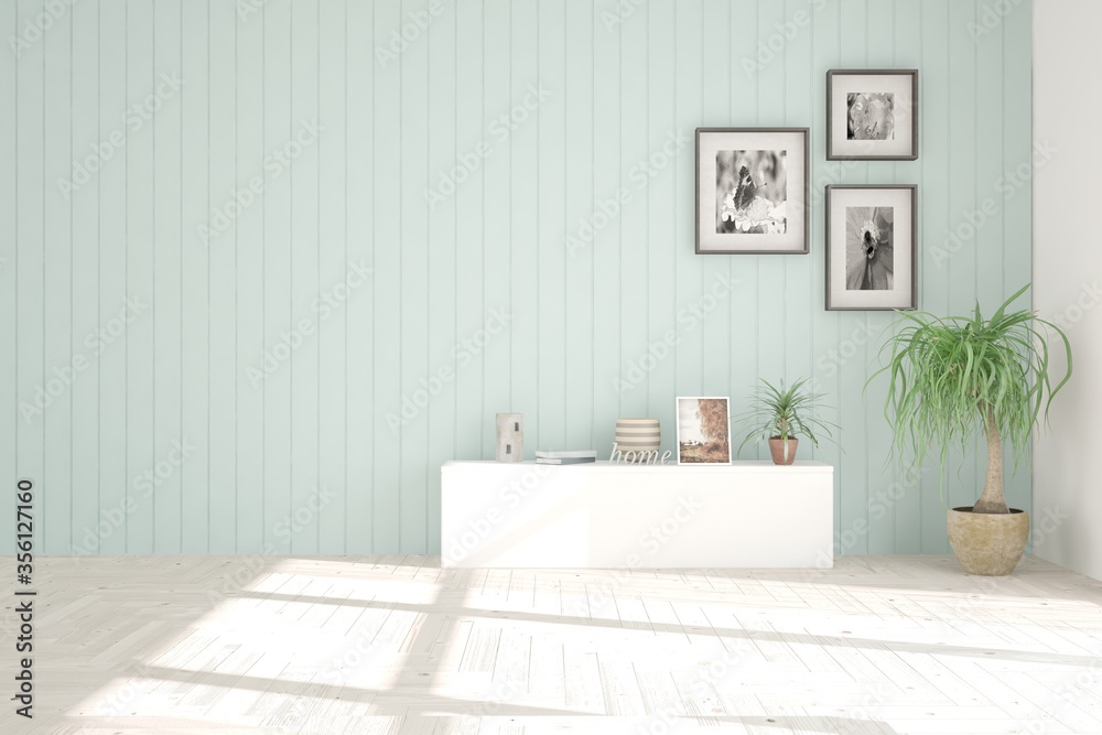 Light blue minimalist empty room with home decor. Scandinavian interior design. 3D illustration