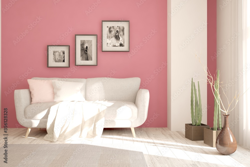 Coral minimalist empty room. Scandinavian interior design. 3D illustration