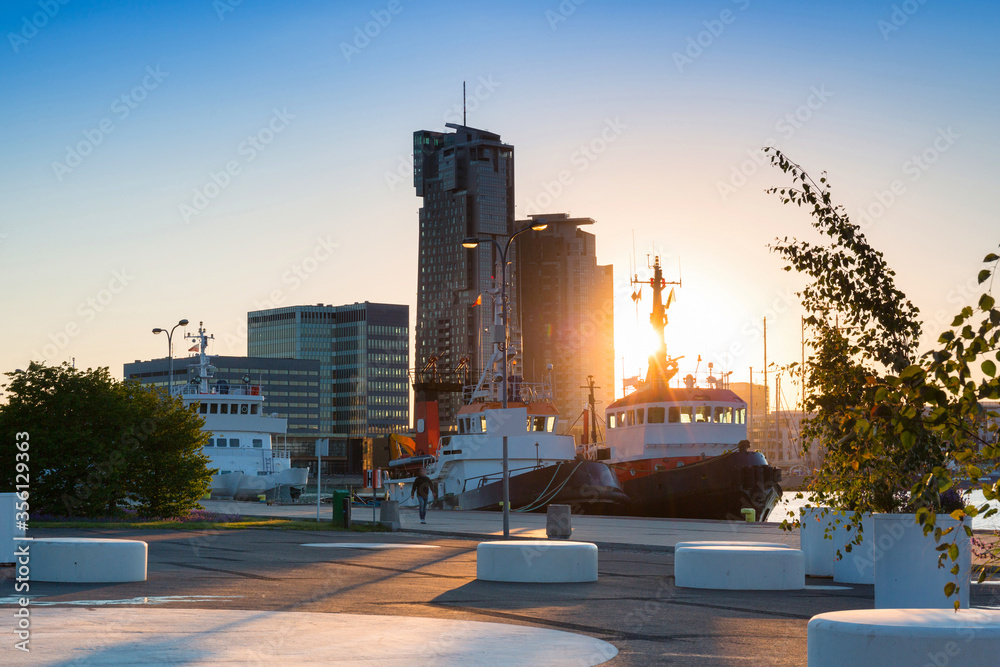 Square in Gdynia by the Baltic Sea at sunset. Poland