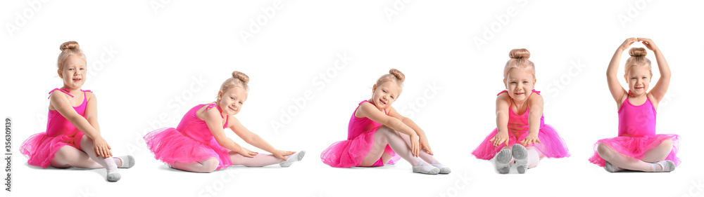 Cute little ballerina on white background