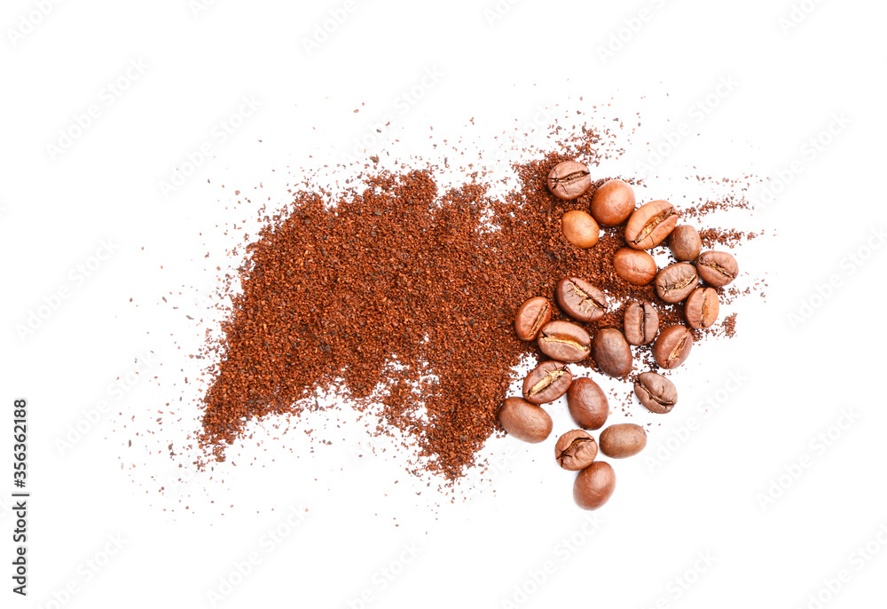 Coffee powder with beans on white background