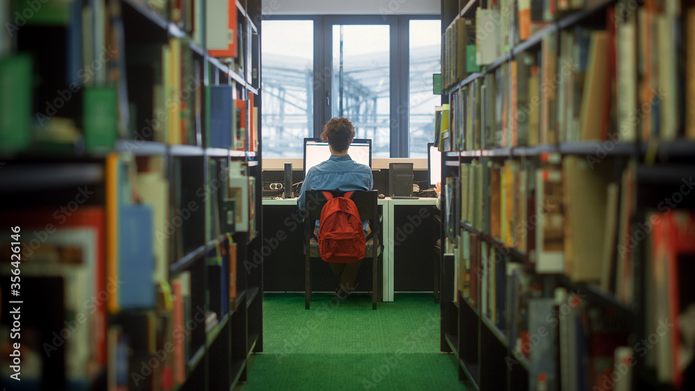 University Library: Focused Bright Student Working on Personal Computer, Doing Research on Class Ass