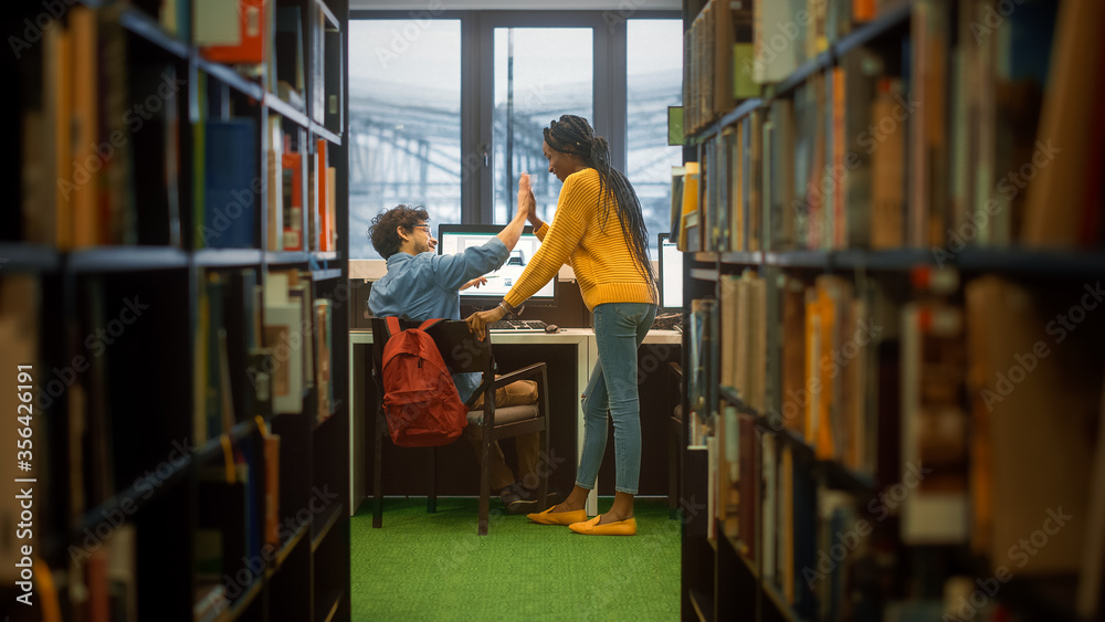 大学图书馆：男孩在办公桌上使用个人电脑，与女同学击掌