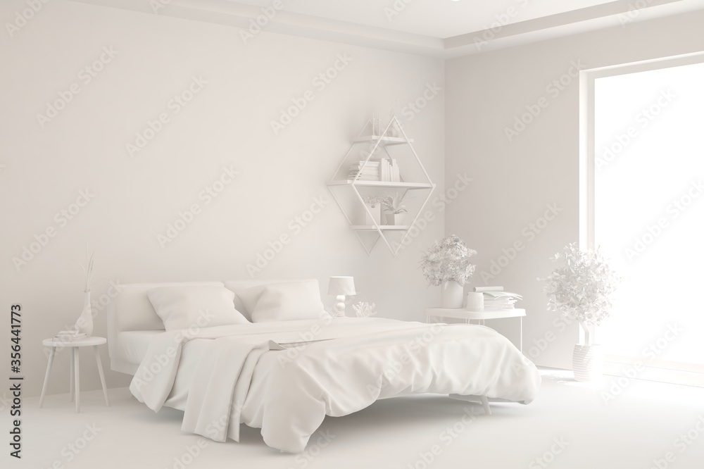 White bedroom interior. Scandinavian design. 3D illustration