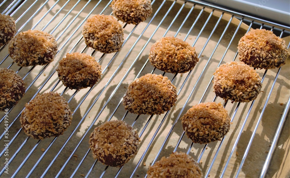 Homemade ruddy nut cookies with coconut in the bright afternoon sun, spread out on a metal grate