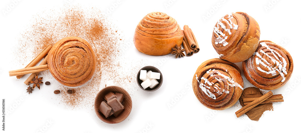 Composition with tasty cinnamon buns on white background