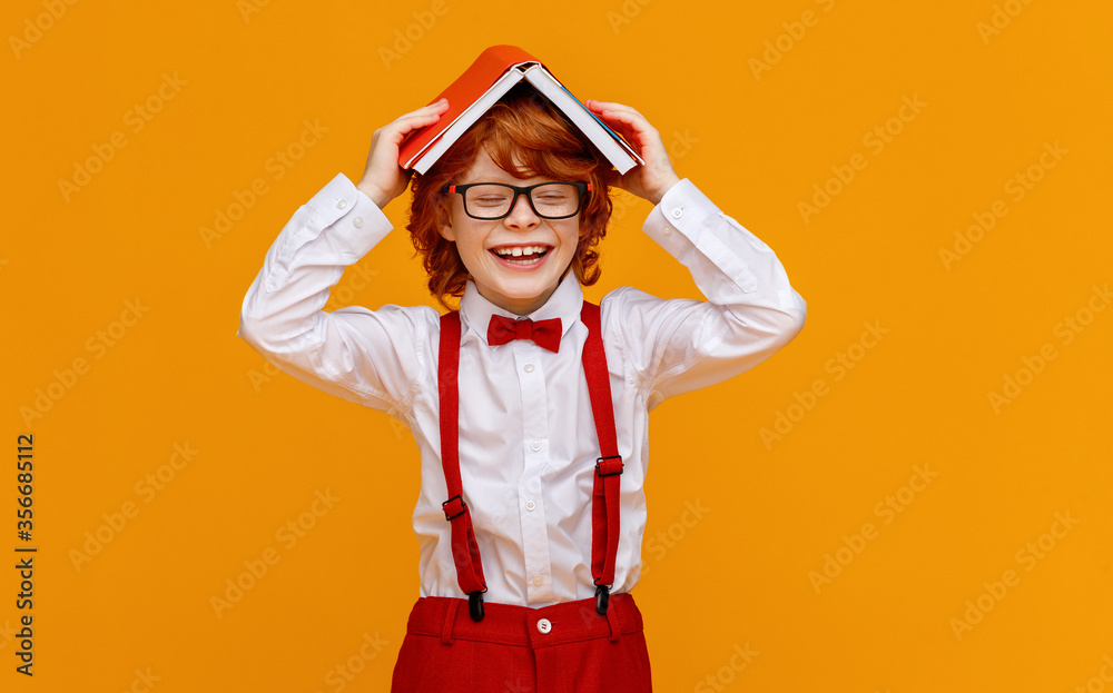 Happy schoolboy playing with book.