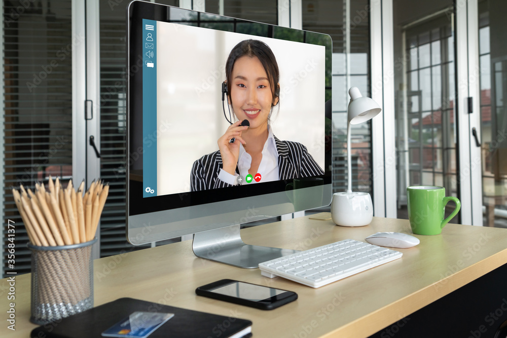 Video call business people meeting on virtual workplace or remote office. Telework conference call u