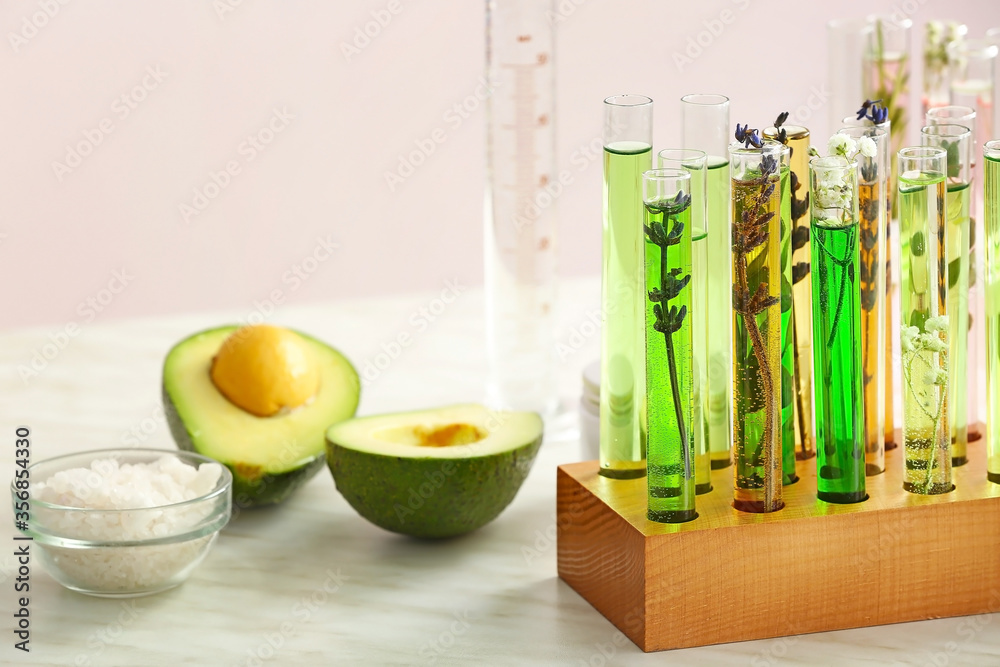 Natural ingredients for cosmetics on table in laboratory