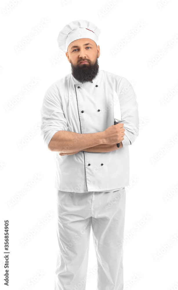 Handsome male chef on white background