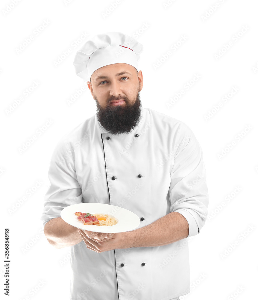 Handsome male chef on white background