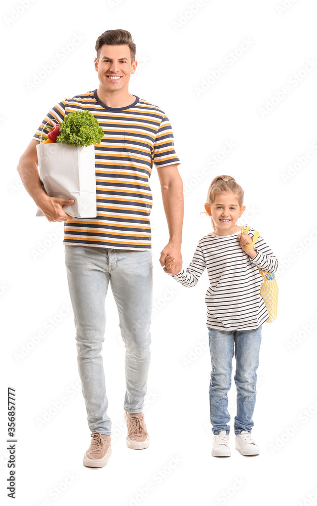 Father and daughter with food in bags on white background