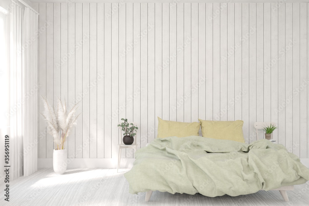 White bedroom interior. Scandinavian design. 3D illustration