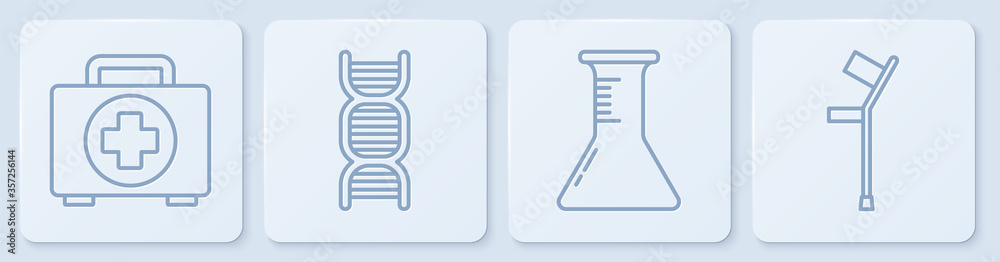 设置急救箱、试管和烧瓶、DNA符号和Crutch或拐杖。白色方形按钮。